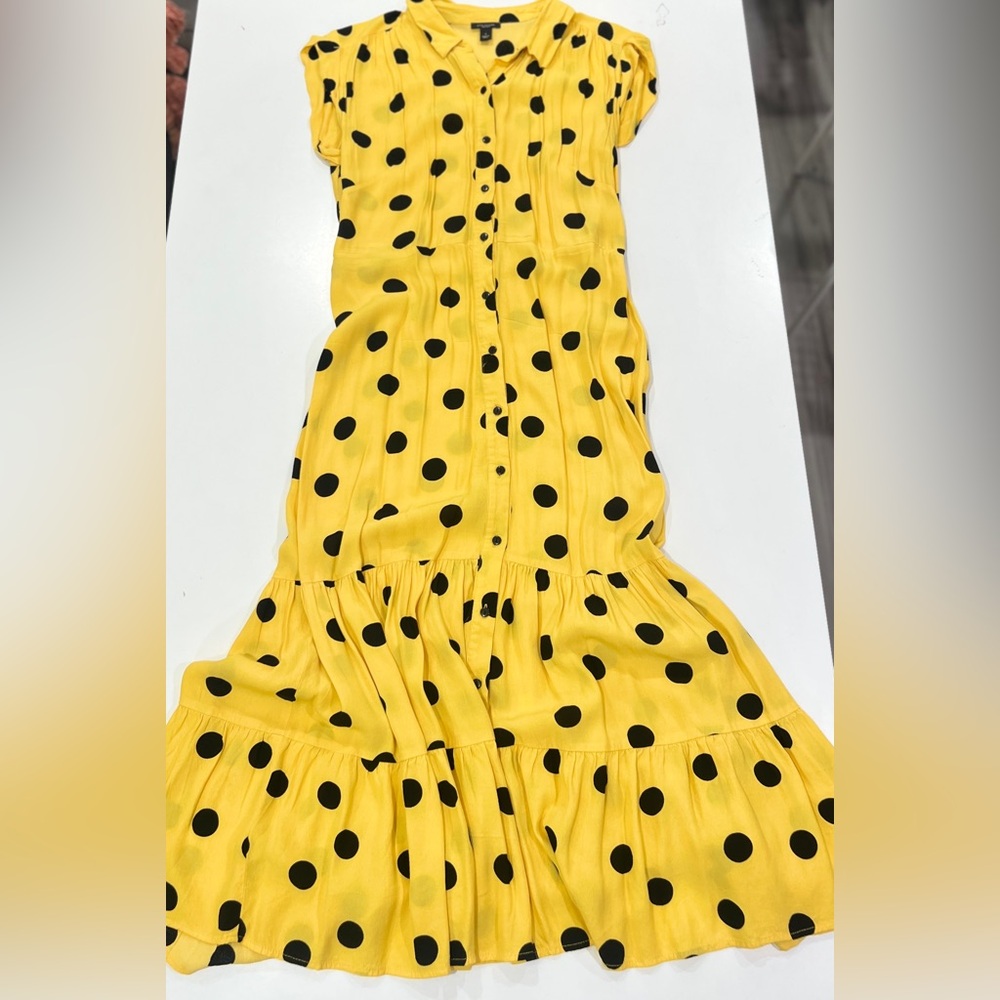 Ann Taylor Yellow & Black Polka Dot Button-Down Dress, size 4, spring dress
